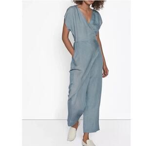 Rujuta Sheth Luna Wrap Jumpsuit Linen Blue SZ XS Classic Timeless Pockets Romper